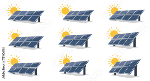 Array of Blue Solar Panels with Sun Icons Symbolizing Renewable Energy.