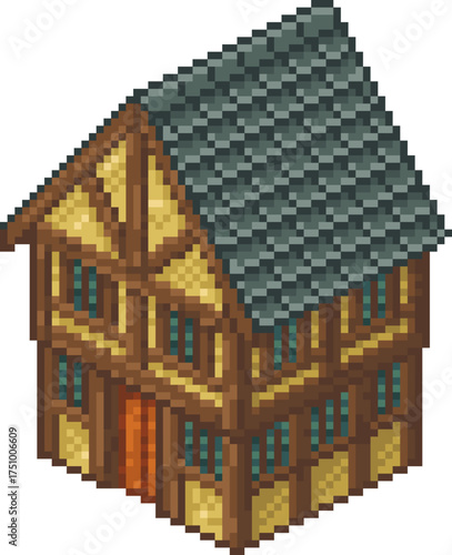 Detailed isometric pixel art of a medieval timber-framed house with tiled roof and wooden beams. Ideal for retro games, RPG maps, fantasy environments, or pixel-based architectural design.