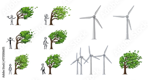 Wind Turbines and Trees in Windy Weather Stick Figures Holding On.