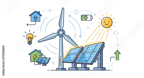 Illustration of Renewable Energy Sources: Wind Turbine and Solar Panels.