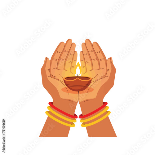 Traditional Diwali Deepavali celebration with hands holding a glowing clay diya lamp, symbolizing light and prosperity