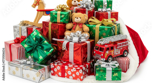 Abundant pile of colorful christmas presents and toys on a white background