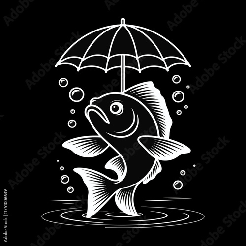 black and white illustration of a fish holding an umbrella while standing in water. It is a vector illustration often used for stock photos, t-shirt designs, or other graphic art