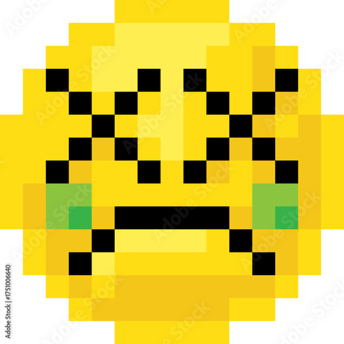 Pixel art emoji emoticon with green cheeks and squinted eyes, looking nauseous. Retro 8 bit digital icon for pixel art emotion sets, gaming stickers, or classic emoticon inspired collections.