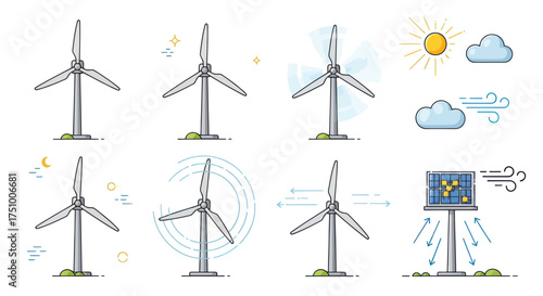 Wind Turbines and Solar Panel Icons Representing Renewable Energy Sources.