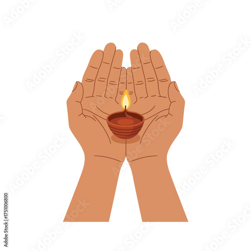 Traditional Deepavali Diwali Celebration with Lit Clay Diya Lamp Held in Cupped Hands, Symbolizing Purity and Light