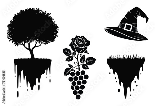 Creepy halloween silhouette bundle vector art set spooky tree rose witch hat graveyard elements illustration silhouette vector illustration white background