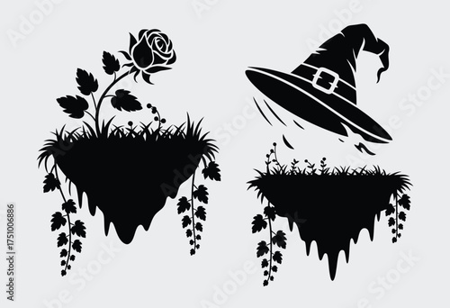 Set of four black silhouette vector illustrations featuring a rose and witch hat on floating islands silhouette vector illustration white background