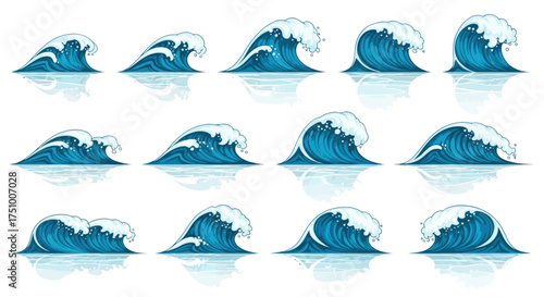 Collection of Stylized Blue Ocean Waves with White Foam.