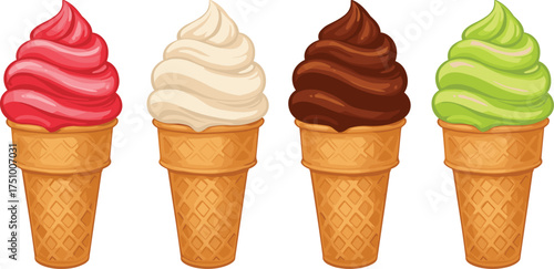 Delicious colorful ice cream cones illustration with strawberry vanilla chocolate and pistachio flavors perfect for summer dessert food vector design