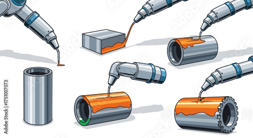 Robotic Arms Applying Orange Coating to Metal Objects.