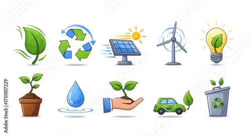 Collection of Colorful Eco-Friendly Icons Representing Sustainability and Environmental Awareness.