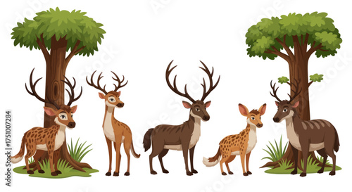 Diverse deer species with antlers and spotted coats in a natural forest setting.