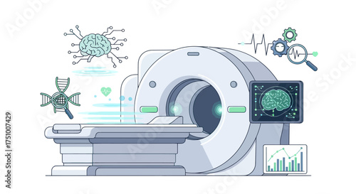 Advanced Medical MRI Scanner with Futuristic Brain and DNA Graphics.