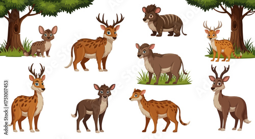 Diverse Group of Cartoon Deer and Antelopes with Antlers.