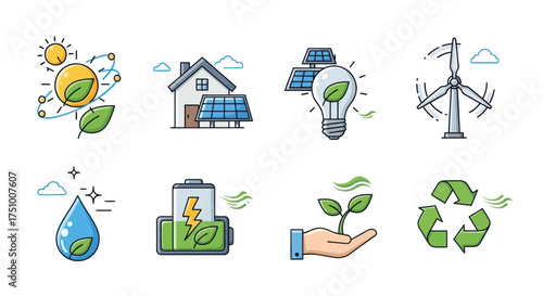 Collection of Colorful Renewable Energy and Sustainability Icons.