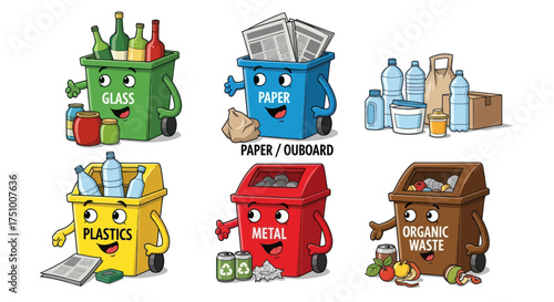 Set of colorful cartoon recycling bin characters for sorting glass paper plastic metal and organic waste.