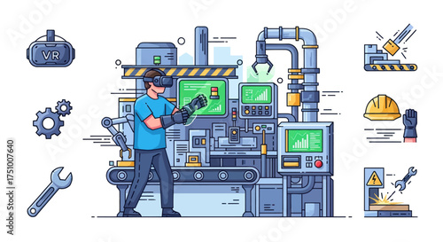 Man in VR headset operating industrial machinery with advanced technology and digital interfaces.