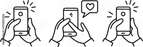 Hands hold phone, sending message, receiving like