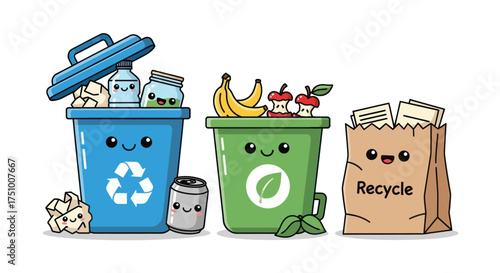 Cute Cartoon Recycling Bins with Food Waste Paper and Glass.