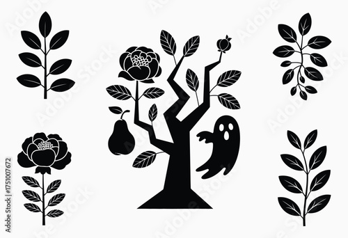 Collection of black silhouette vector illustrations featuring a spooky tree with ghost and pear adorned by floral elements silhouette vector illustration white background