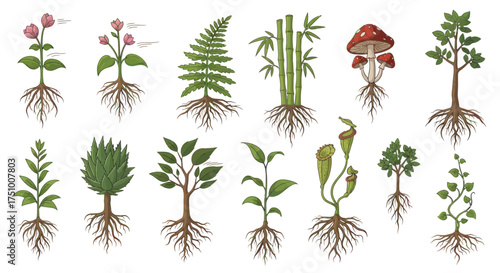 Botanical Illustration of Plants with Roots Including Fern Bamboo Mushroom and Trees.
