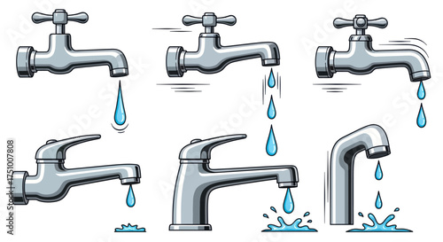 Collection of Metal Faucets Dripping Water in Various Styles.