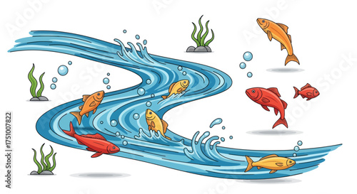 Colorful cartoon fish swimming and jumping in a stylized blue river current with aquatic plants.