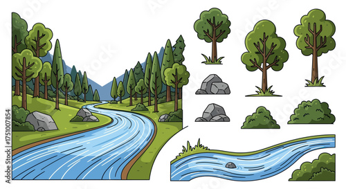 Cartoon River Landscape with Trees Rocks and Lush Greenery.