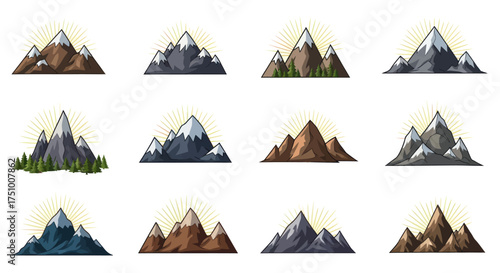 Collection of Stylized Mountain Illustrations with Snowy Peaks.