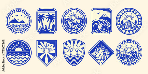 Collection of blue and white vintage style tropical and mountain landscape icons and badges