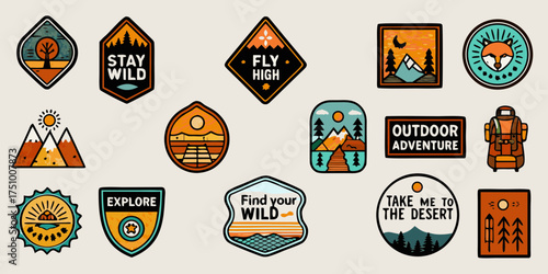 Collection of hand drawn outdoor adventure patches and stickers with nature motifs and inspirational quotes