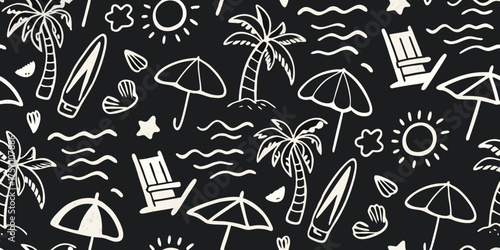 Whimsical hand drawn beach vacation pattern with palm trees surfboards umbrellas and sun