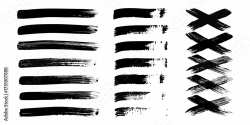 Collection of black ink brush strokes and crosses on a white background with textured effects