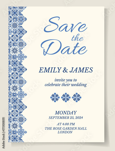 Elegant azulejo Mediterranean wedding invitation template fe blue floral border and classic typography. Save the date card design perfect for romantic events, ceremonies, announcements and stationery.