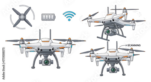Set of Modern Drones with Camera and Propellers Aerial Technology.
