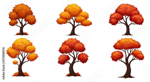 Six Cartoon Trees with Autumnal Orange and Red Foliage.