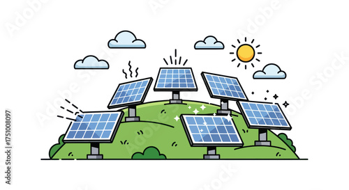 Illustration of Solar Panels on a Green Hill Generating Energy.