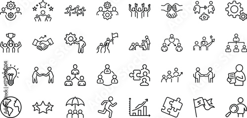Teamwork and collaboration line icon set representing business success concepts vector