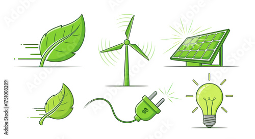 Green Energy Icons: Leaf Wind Turbine Solar Panel Plug and Light Bulb.