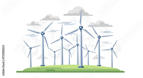 Illustration of Wind Turbines Generating Clean Energy on Green Field.
