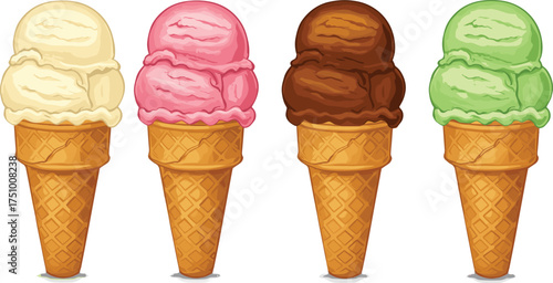 Delicious double scoop ice cream cones with vanilla, strawberry, chocolate, and mint flavors for summer dessert vector illustration design