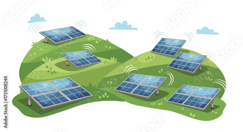 Array of Solar Panels on Rolling Green Hills Under Cloudy Sky.