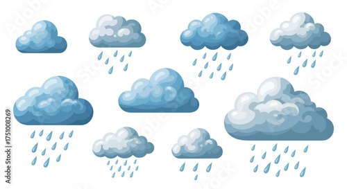 Cartoon Clouds with Raindrops in Various Shapes and Sizes.