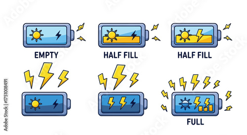 A collection of cartoon-style battery illustrations showing various charge levels from empty to full with sun and snowflake icons.