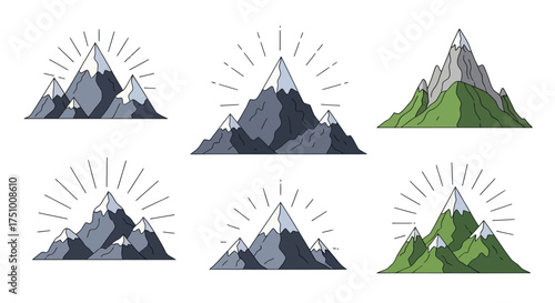 Collection of Stylized Mountain Peaks with Sunbursts.