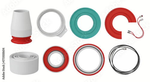Assortment of White Red and Teal Circular and Cylindrical Components.