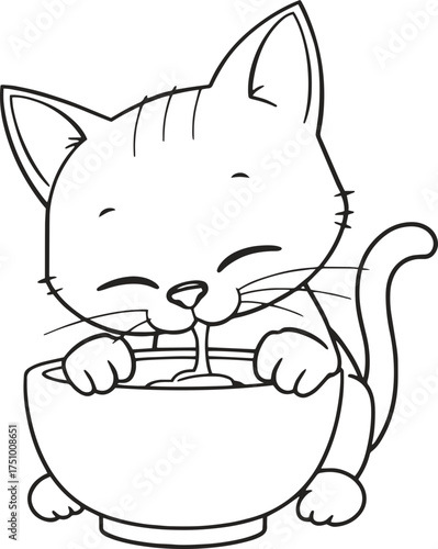 Adorable kitten enjoying a delicious treat from a bowl, a charming illustration perfect for children's books, pet-themed projects, and heartwarming designs, originally a scalable vector