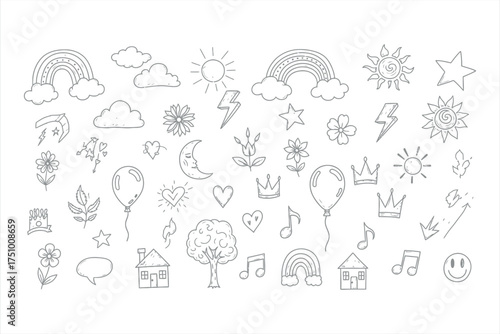 Collection of hand drawn doodle elements including rainbows clouds suns and houses drawing sketch