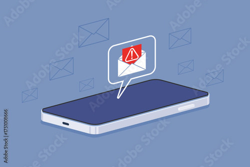 Smartphone receiving a dangerous email notification with a warning sign, spam, or cyber security risks and communication threats. vector illustration